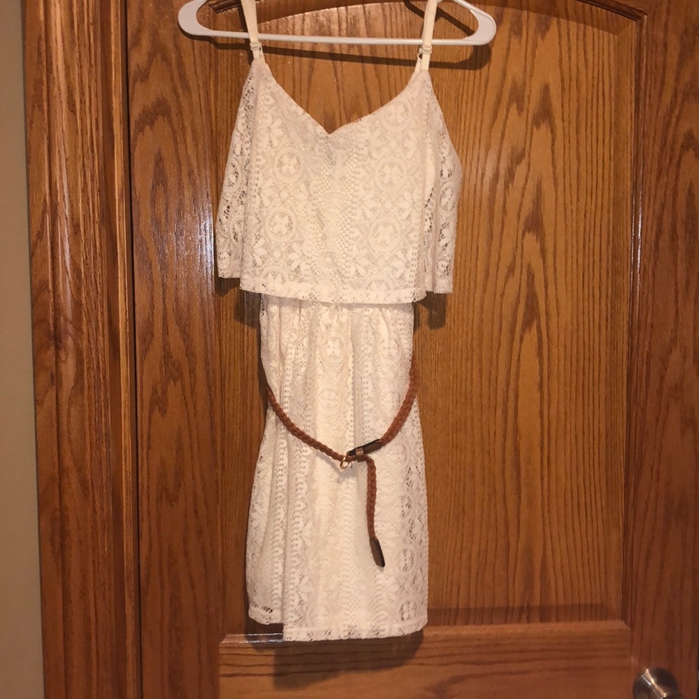 White Dress With Braided Brown Belt!